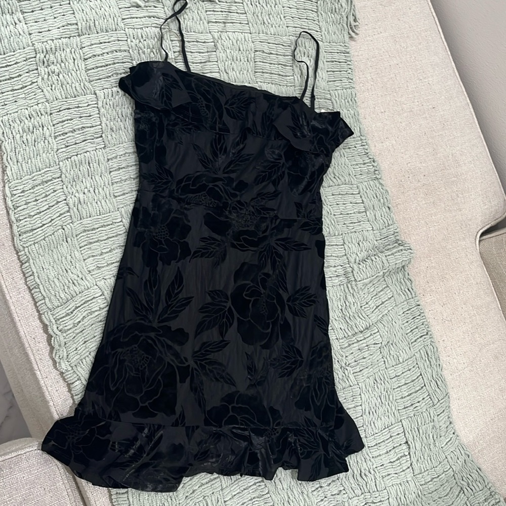 Row A Women’s Velvet Ruffle Floral Dress Slip Dress Club Black Size Medium